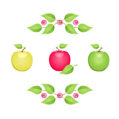 Vector summer circle design elements with red apple and fresh green leaves
