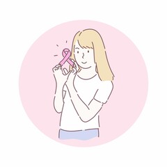 Pretty woman holding pink ribbon. Breast cancer awareness concept. Hand drawn character style vector.
