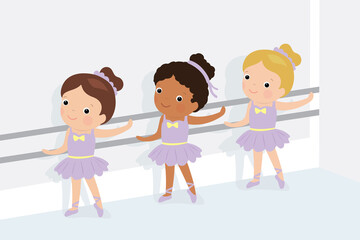 Three cartoon girls ballerinas training in classroom. Ballet dancer schoolgirls.
