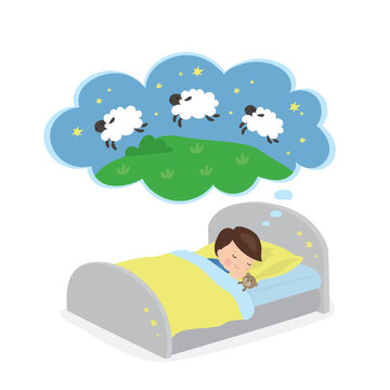 Little boy lies in bed. Cute child counts sheep to fall asleep. Cartoon male kid character