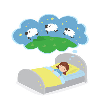 Little girl lies in bed. Cute child counts sheep to fall asleep. Cartoon kid character