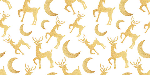 Golden seamless christmas pattern with christmas    deer, moon on white background for fabrics, paper, greeting cards, business card, textile. Gold logo, golden icons
