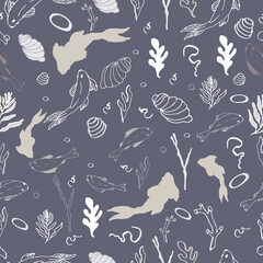 seamless pattern with fish, vector, hand drawing