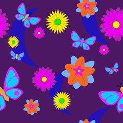 Seamless pattern of colourful flowers and butterflies on dark purple background.