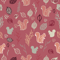 
seamless pattern, squirrels, nuts, hand drawing
