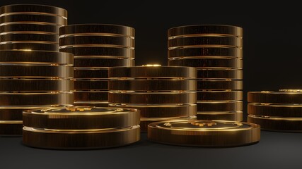 stack of glowing golden bitcoin on black background, 3d rendering