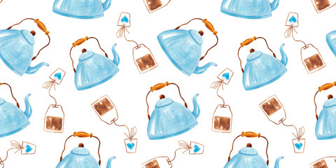 Watercolor seamless pattern with cute blue kettle and tea bag in vintage style for fabrics, paper, textile, gift wrap isolated on white background. Teapot, tea, breakfast, good morning.