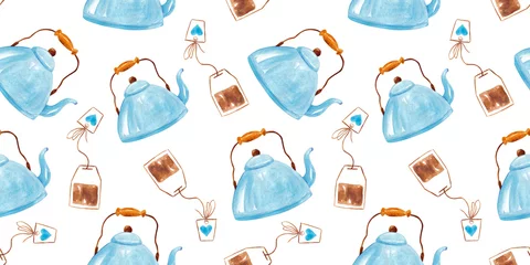 Fototapete Tee Aquarell nahtlose Muster mit süßem blauem Wasserkocher und Teebeutel im Vintage-Stil für Stoffe, Papier, Textilien, Geschenkpapier isoliert auf weißem Hintergrund. Teekanne, Tee, Frühstück, guten Morgen.