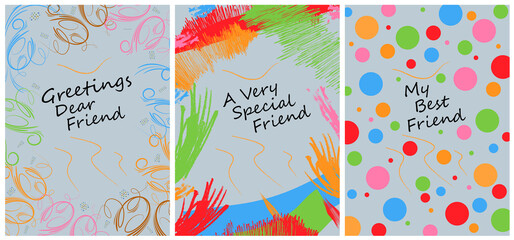 Set of 3 very colourful abstract friendship greeting cards vector illustration