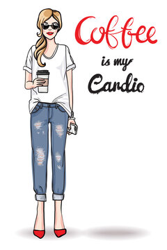 .Positive greeting card. Young attractive woman in a modern everyday unformal casual wear white t-shirt and boyfriend jeans. Coffee is my cardio hand lettering. Blondie model holding a cup of coffee.
