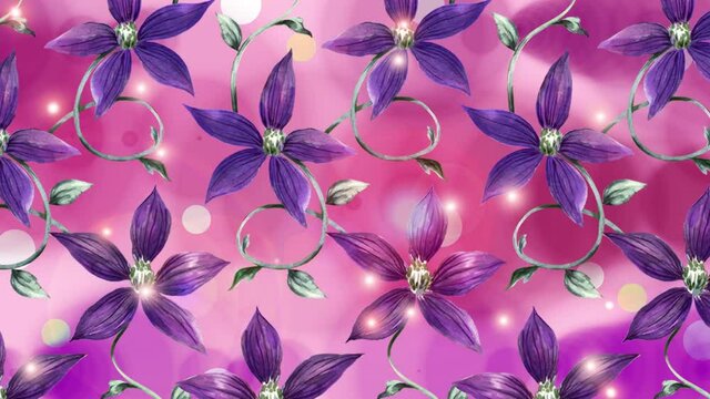 Watercolor animation fashion floral romantic promotional video with hydrangea and loach flowers and flashes of light on with a abstract pink background. 