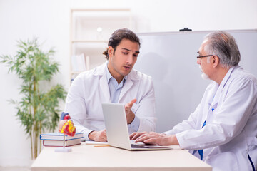 Fototapeta premium Experienced doctor cardiologist teaching young male assistant