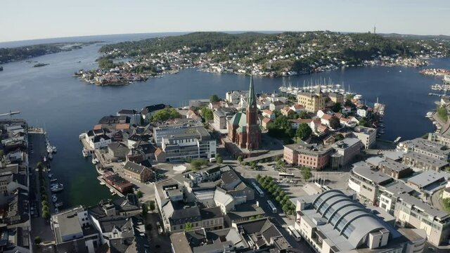 A Scenic Town Of Arendal With The Old Trinity Church, Pollen Harbour By The Norwegian Coast In Agder County In, Norway