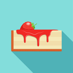 Delicious piece of cheesecake decorated with fresh strawberries and fruit syrup. The syrup drips from a piece of cake. vector flat design illustration