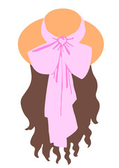 portrait of a girl in the back, hat with a pink ribbon and long brown hair, digital illustration
