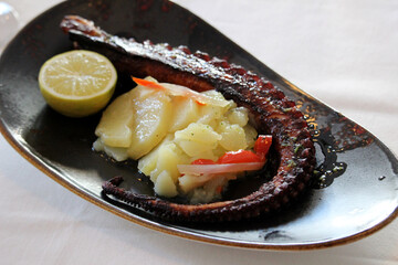 Boiled octopus legs with potatoes. A delicious dish of Spanish gastronomy