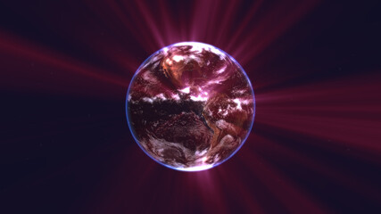 earth globe with glowing details and light rays. 3d illustration.