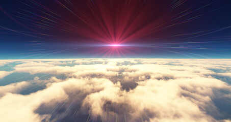 Fototapeta na wymiar fly above clouds sunset landscape 3d render