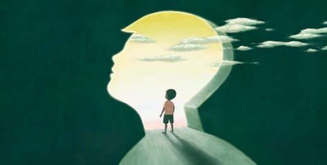 Little boy looking at the sky, imagination hope dream concept, child art, painting artwork, conceptual illustration