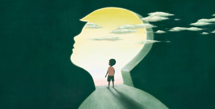 Little boy looking at the sky, imagination hope dream concept, child art, painting artwork, conceptual illustration