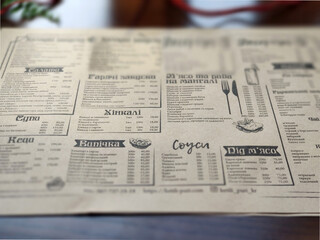Newspaper, restaurant menu, printed products on wooden table