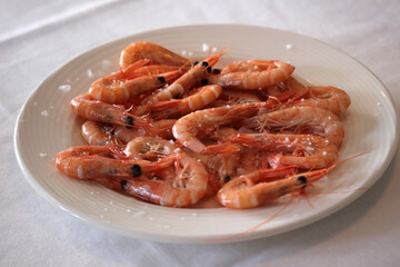Cooked prawns on a plate with salt to be eaten