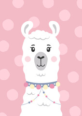 Cute lama, alpaca face. Cartoon character. Poster for baby room. Childish print for nursery. Design can be used for kids apparel, greeting card, invitation, baby shower. Vector illustration.