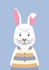 Cute rabbit in striped dress. Cartoon character. Poster for baby room. Childish print for nursery. Design can be used for kids apparel, greeting card, invitation, baby shower. Vector illustration.