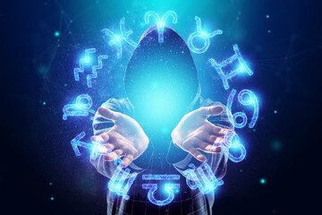 Sorcerer, magician and 12 signs of the zodiac, hologram neon horoscope signs on a blue background. with the concept of fate, predictions, fortune teller.