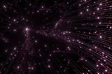 Glowing pink particles with trails, 3d rendering.