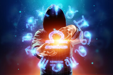 Sorcerer, magician and 12 signs of the zodiac, hologram neon horoscope signs on a blue background....