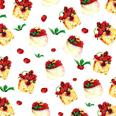 Sweet juicy seamless pattern of desserts mannik and panna cotta with berries and mint leaves hand drawn in markers. Tablecloth, napkin fabric or textile design.Tasty looking ornament for wrapping food