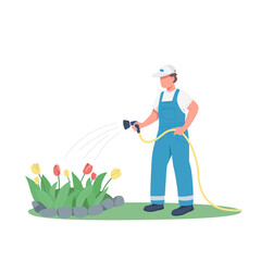 Gardener watering flowerbed flat color vector faceless character