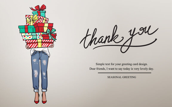 Thank you horizontal banner or greeting card. Young woman in jeans holding a lot of gifts in boxes. Thank you lettering. Hand drawn festive fashion illustration
