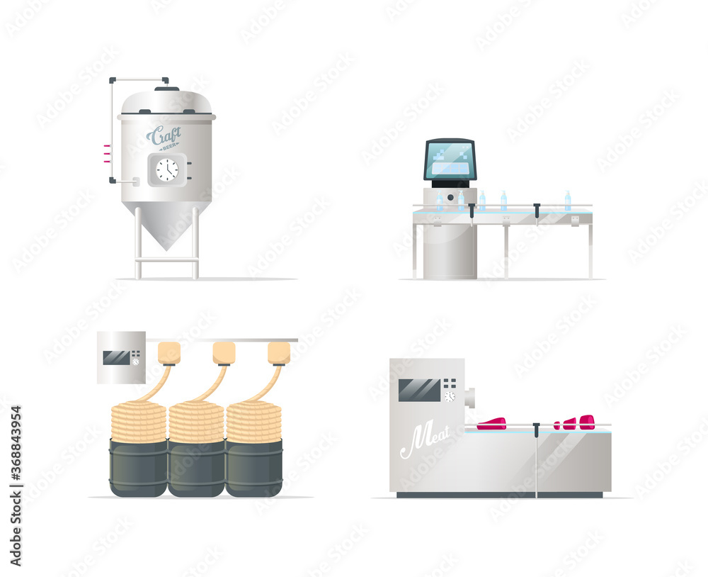 Poster goods processing technologies flat color vector objects set