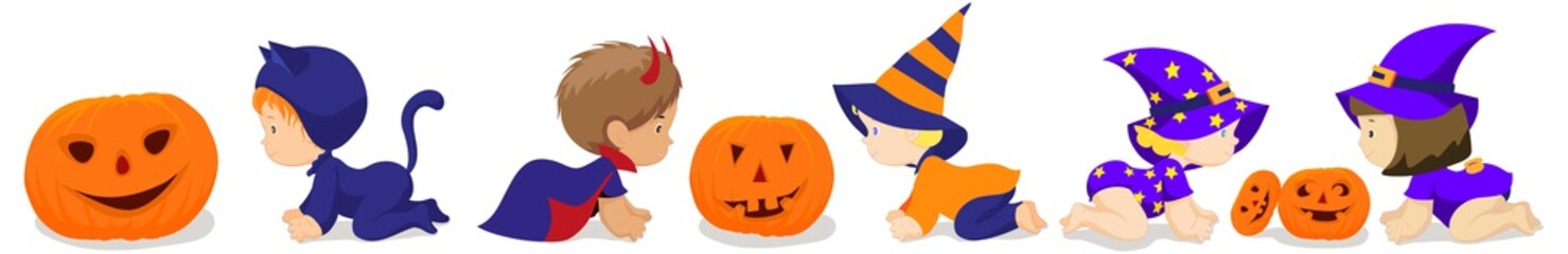 cute happy little kids in different colorful halloween costumes set, Halloween children trick or treating isolated Illustrations. Boy and girl are friends. Halloween carnival. Socialization, Infancy