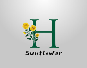 H Letter with sunflower vector design. Flower Plant H Logo Icon. Typography design