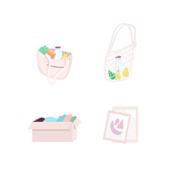 Reusable bag and box flat color vector objects set