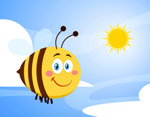 Smiling Cute Bee Cartoon Character Flying. Raster Illustration With Background