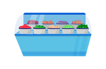 Vegetable counter flat color vector object. Vegetable in boxes in freezer.
