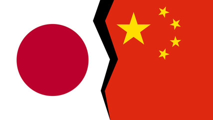 Vector illustration of the flags of China and Japan, with a split/tear/fissure in between, indicating a conflict/disagreement/parting between the two.