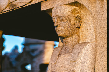 pharaoh sculpture at the old cemetery. stone statue at cemetery. Graveyard ancient sculpture on...