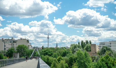 BERLIN, GERMANY July 12, 2020. The view from the Behmstrasse bridge towards Mitte to Alexanderplatz.