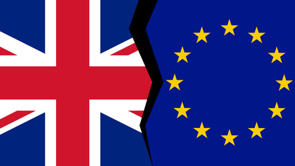 Vector illustration of the flags of the European Union and the United Kingdom, with a split/tear/fissure in between, indicating a conflict/disagreement/parting/Brexit between the two.