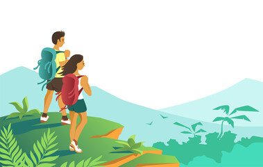 Obraz na płótnie Canvas Young man and woman with backpacks travel in the wild. Summer tropical landscape. Vector illustration with place for text.