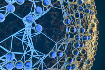 Blue biology grid with connect constrains, 3d rendering.
