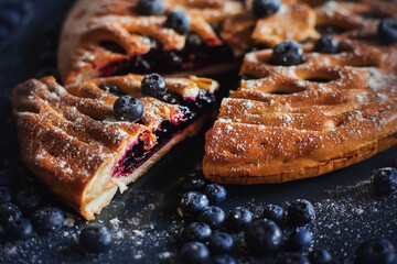 Homemade sweet delicious pie with blueberry jam, a piece of which is cut off and lies on a baking sheet among ripe blueberries. Homemade cake.