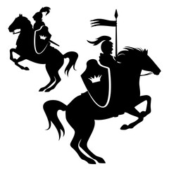 royal knight riding rearing up horse - fairy tale medieval king warrior black and white vector silhouette set