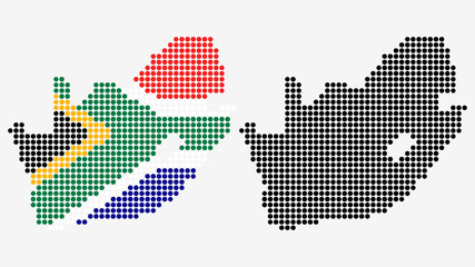 Fototapeta na wymiar Map of South Africa, in dotted style. One version includes the flag, the other is simply black. Vector Graphic.