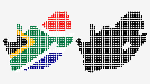 Map of South Africa, in dotted style. One version includes the flag, the other is simply black. Vector Graphic.